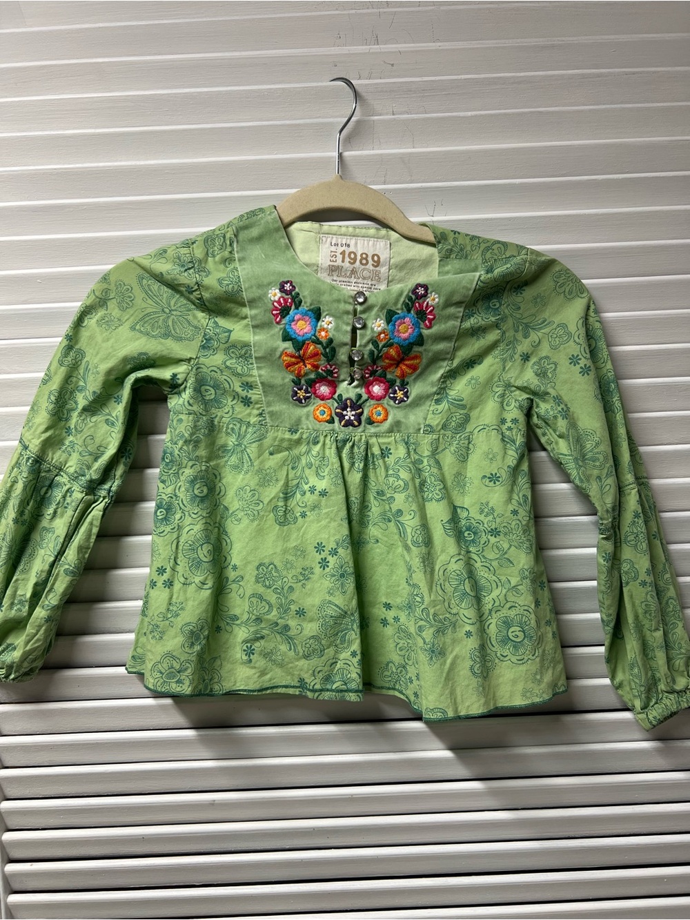 Place Green Floral Embroidered Peasant Top